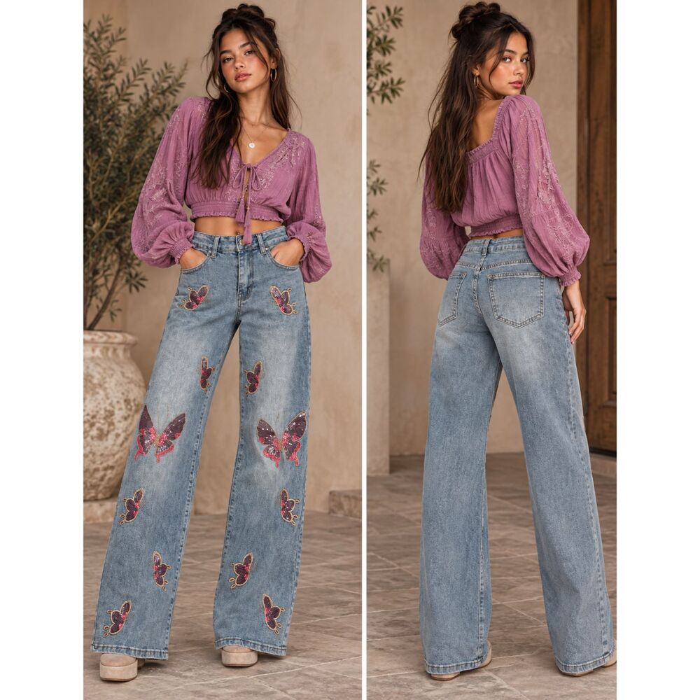 NWT BAMBOO Wide Leg Sequin Embroidered Butterfly Jeans Size 1